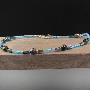 9" Sterling Silver Light Blue Beaded Ankle Bracelet Vintage